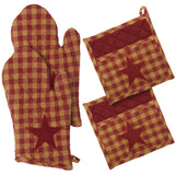 VHC Brands Burgundy Star 4PC Set 2 Oven Mitts and 2 Pot Holders