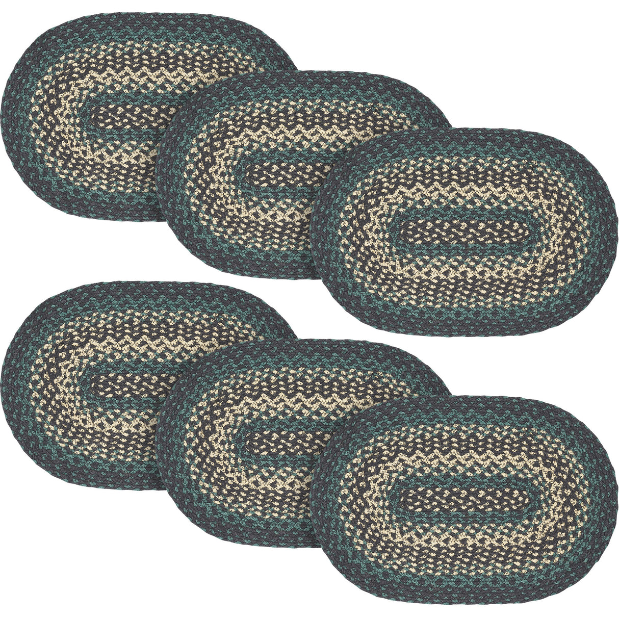 Pine Grove, Dining Table Placemat, Braided Jute, Oval, Green, 12x18, 6 Pack 6 Pack