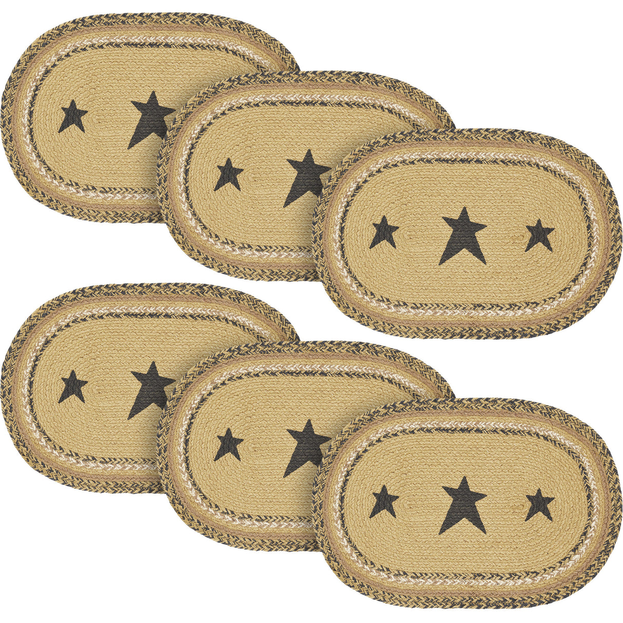 Kettle Grove, Dining Table Placemat, Braided Jute, Stars, Oval, Tan & Black, 10x18, 6 Pack 6 Pack
