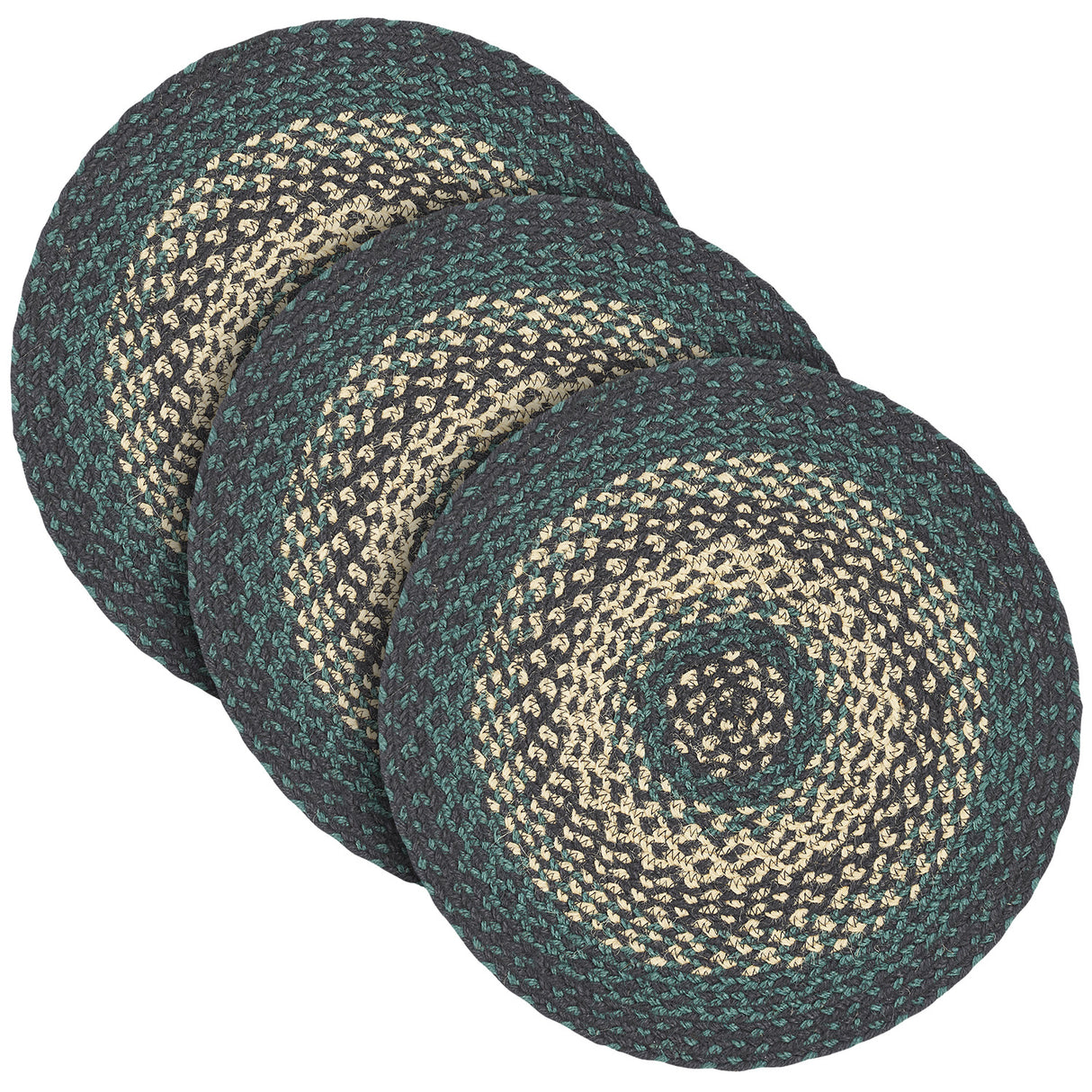 Pine Grove, Braided Jute Mat Trivet Placemat, Round, Green, 15 inch, Set of 3