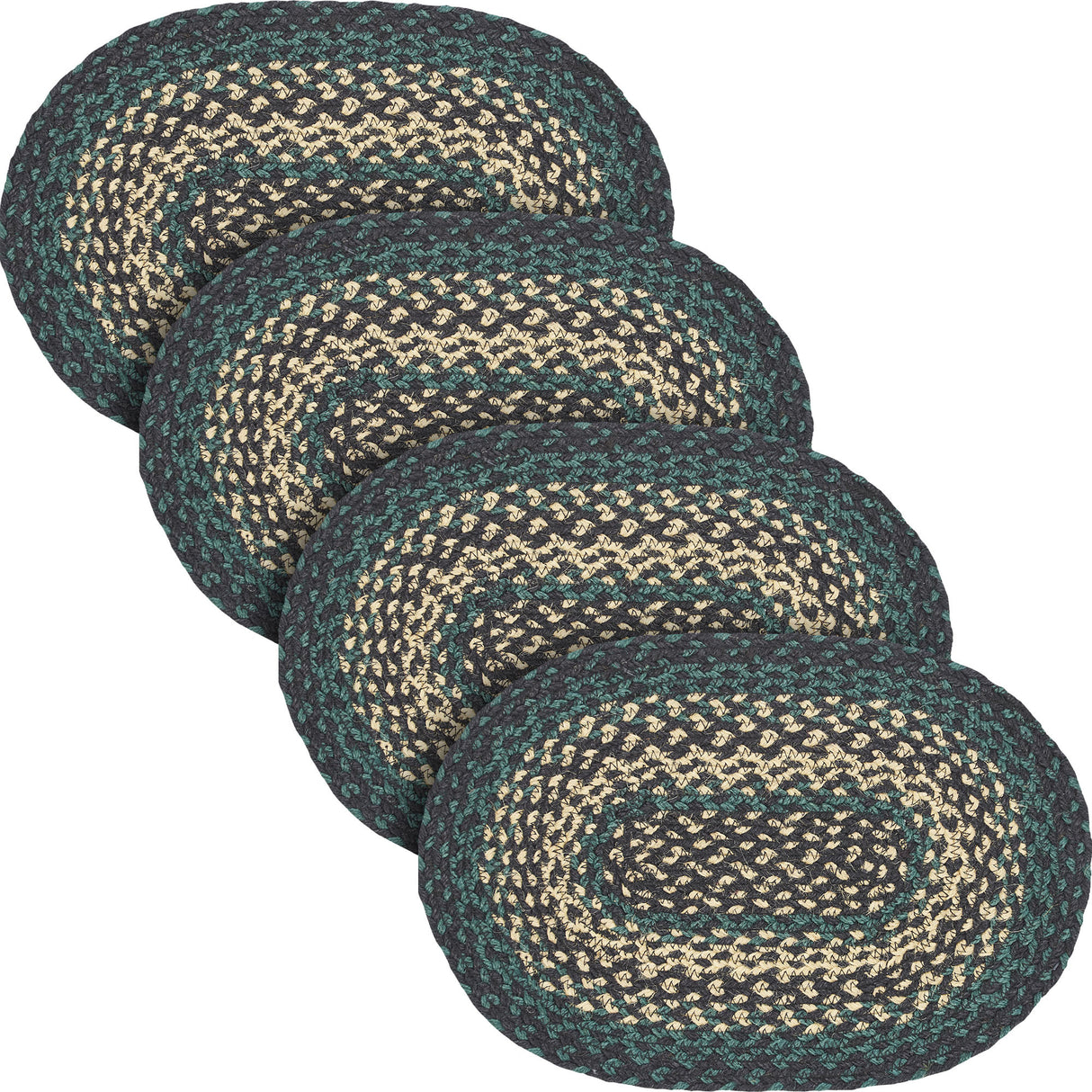 Pine Grove, Dining Table Placemat, Braided Jute, Oval, Green, 10x15, 4 Pack 4 Pack