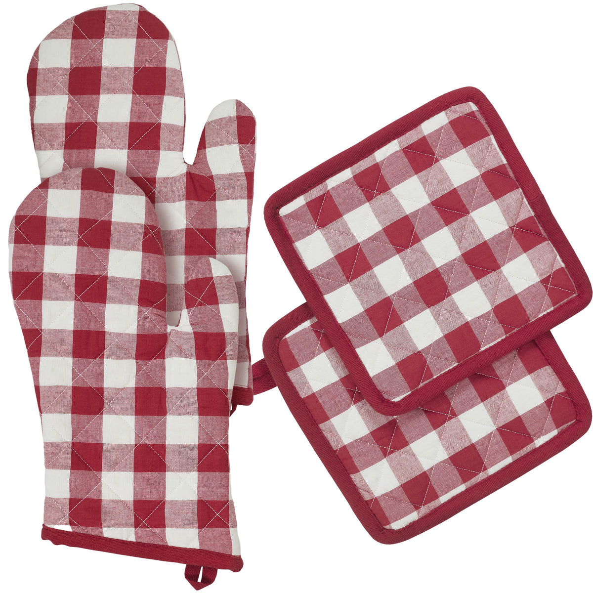 VHC Brands Annie Buffalo Check Red 4PC Set 2 Oven Mitts and 2 Pot Hold ...