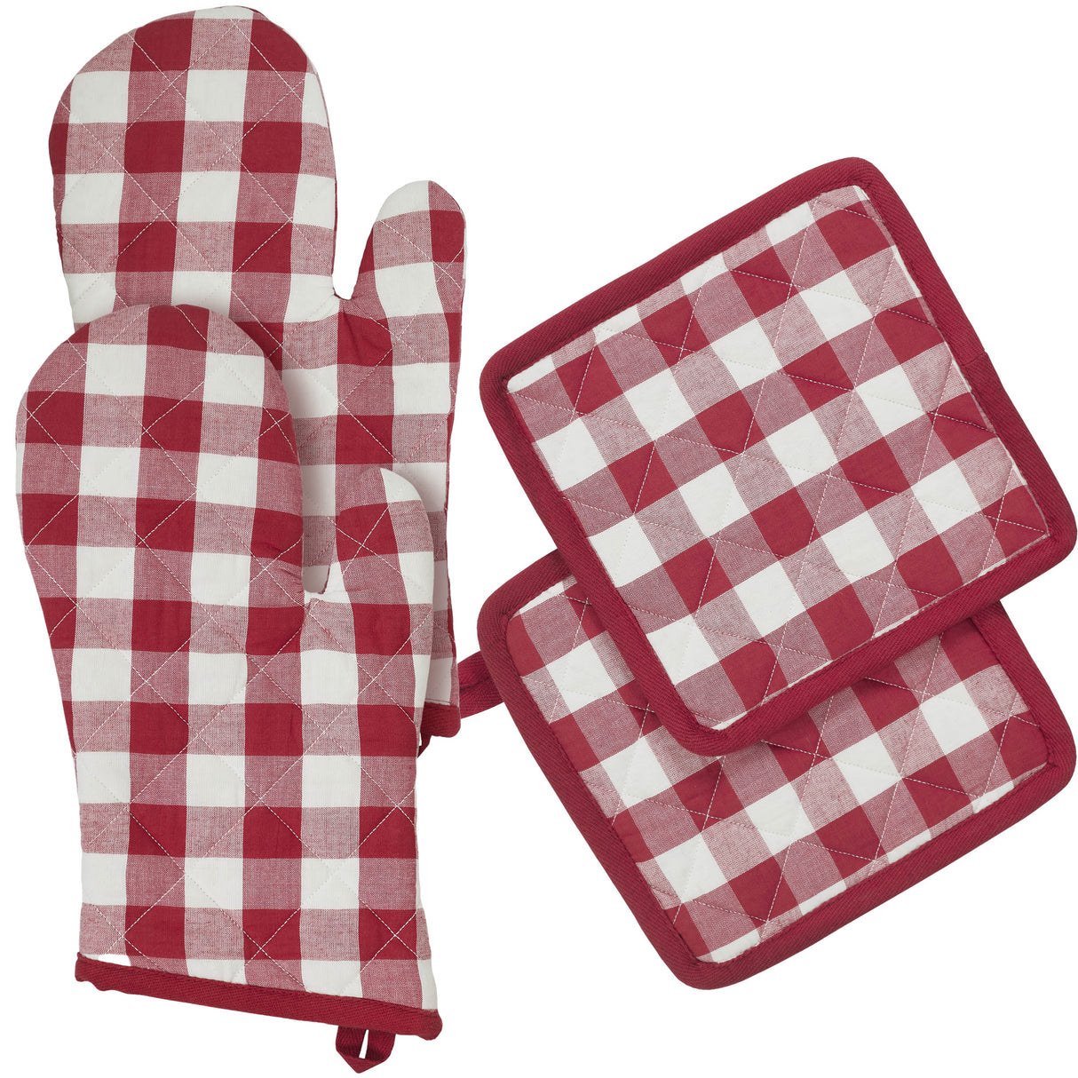 VHC Brands Annie Buffalo Check Red 4PC Set 2 Oven Mitts and 2 Pot Holders