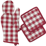 VHC Brands Annie Buffalo Check Red 4PC Set 2 Oven Mitts and 2 Pot Holders