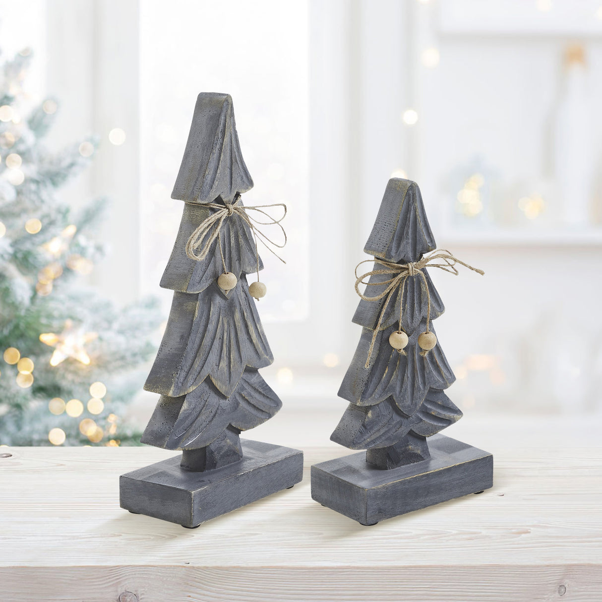 VHC Brands 2PC Four-Tiered Pine Distressed Dark Grey Wooden Tree ,Small and Large