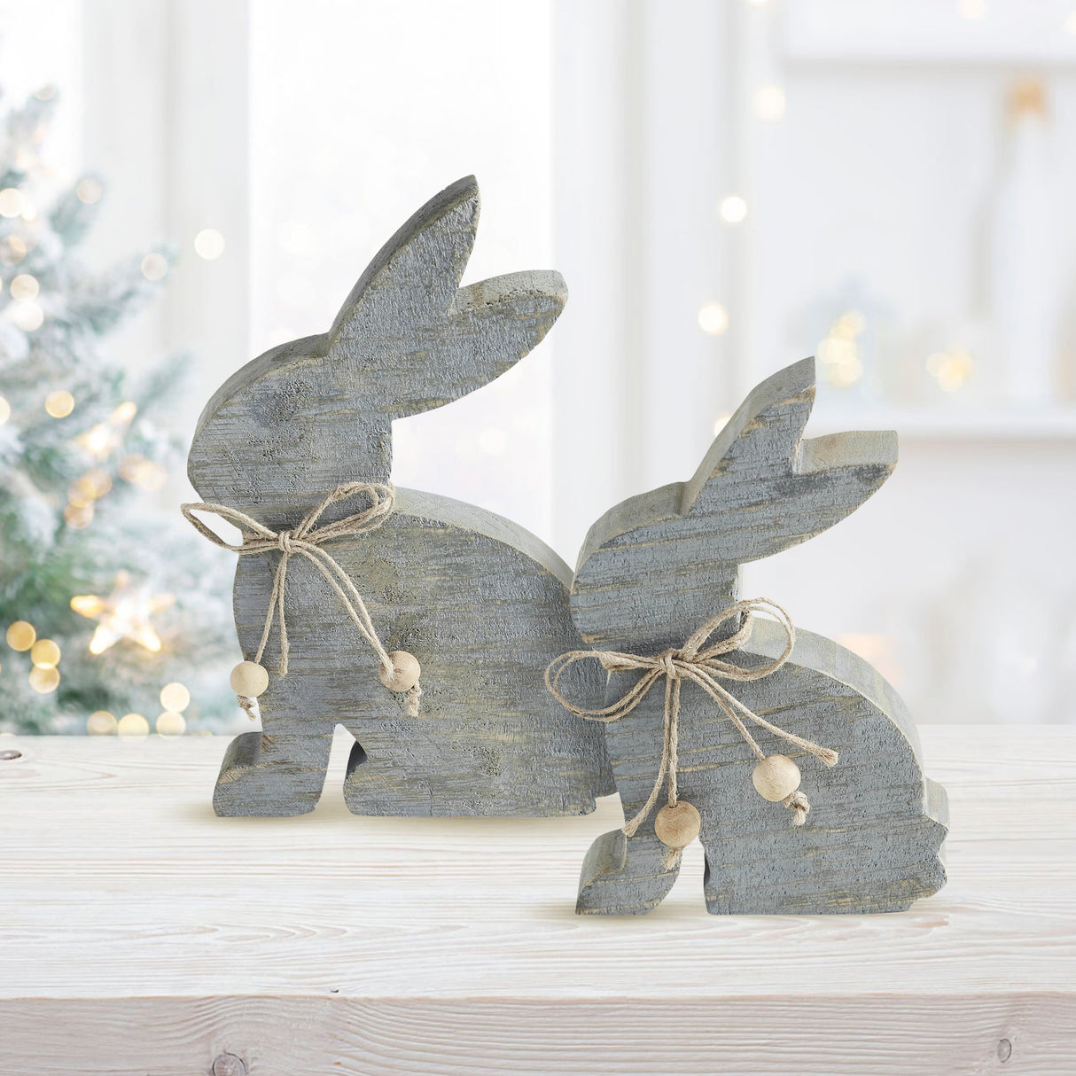 VHC Brands Bunny Hop 2PC Bunny Hop Wooden Sitting Bunny Grey w/ Natural Beads ,Small and Large
