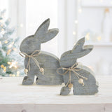 VHC Brands Bunny Hop 2PC Bunny Hop Wooden Sitting Bunny Grey w/ Natural Beads ,Small and Large