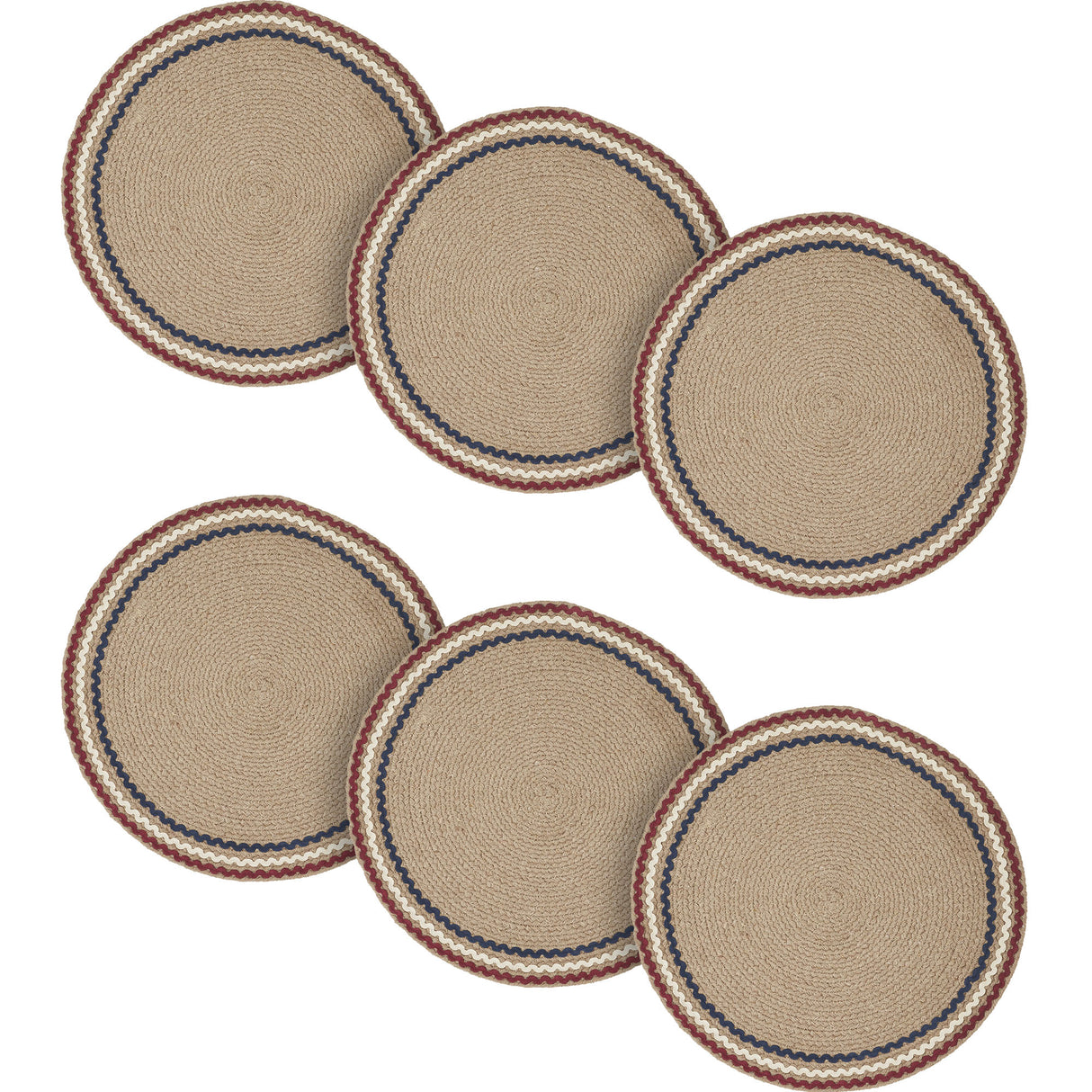 Patriotic Red Blue Ric Rac Placemat 14 Inch Diameter, Round, Primitive Fourth of July Place Mat, Independence Day Tabletop Decor, 6 Pack 6 Pack