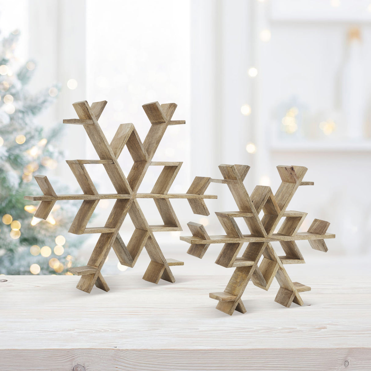 VHC Brands 2PC Natural Wooden Snowflake ,Small and Large