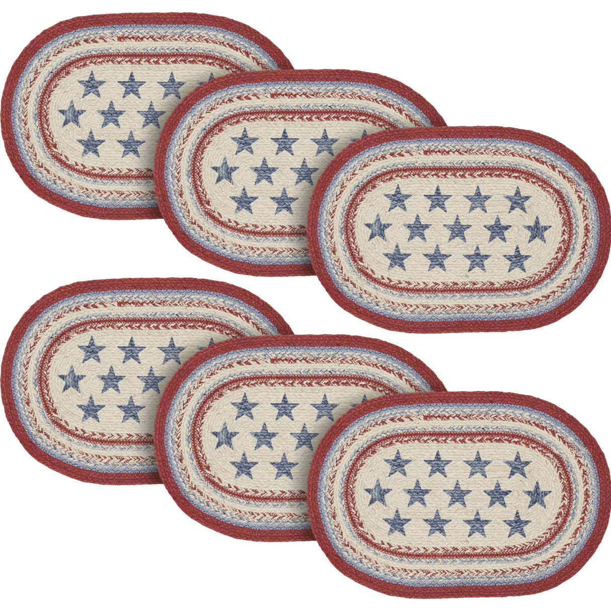 Celebration Dining Table Placemat, Braided Jute, Oval, Red Creme Blue, 12x18, 6 Pack 6 Pack