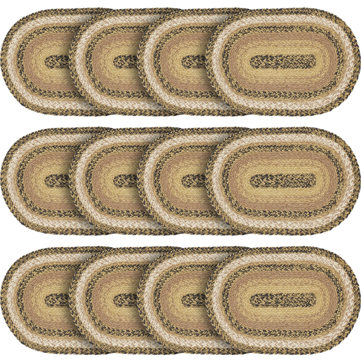 Kettle Grove, Dining Table Placemat, Braided Jute, Oval, Tan & Black, 10x15, 12 Pack 12 Pack
