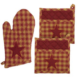 VHC Brands Burgundy Star 3PC Set Oven Mitt and 2 Pot Holders