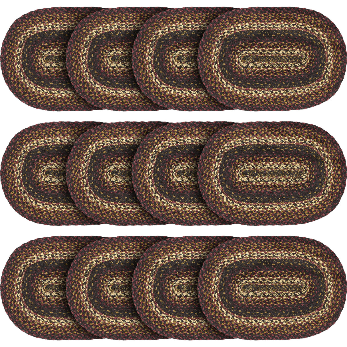 Country Beckham Table Placemat, Red Black Tan, Jute Blend, Oval, 12x18 Inches, 12 Pack 12 Pack
