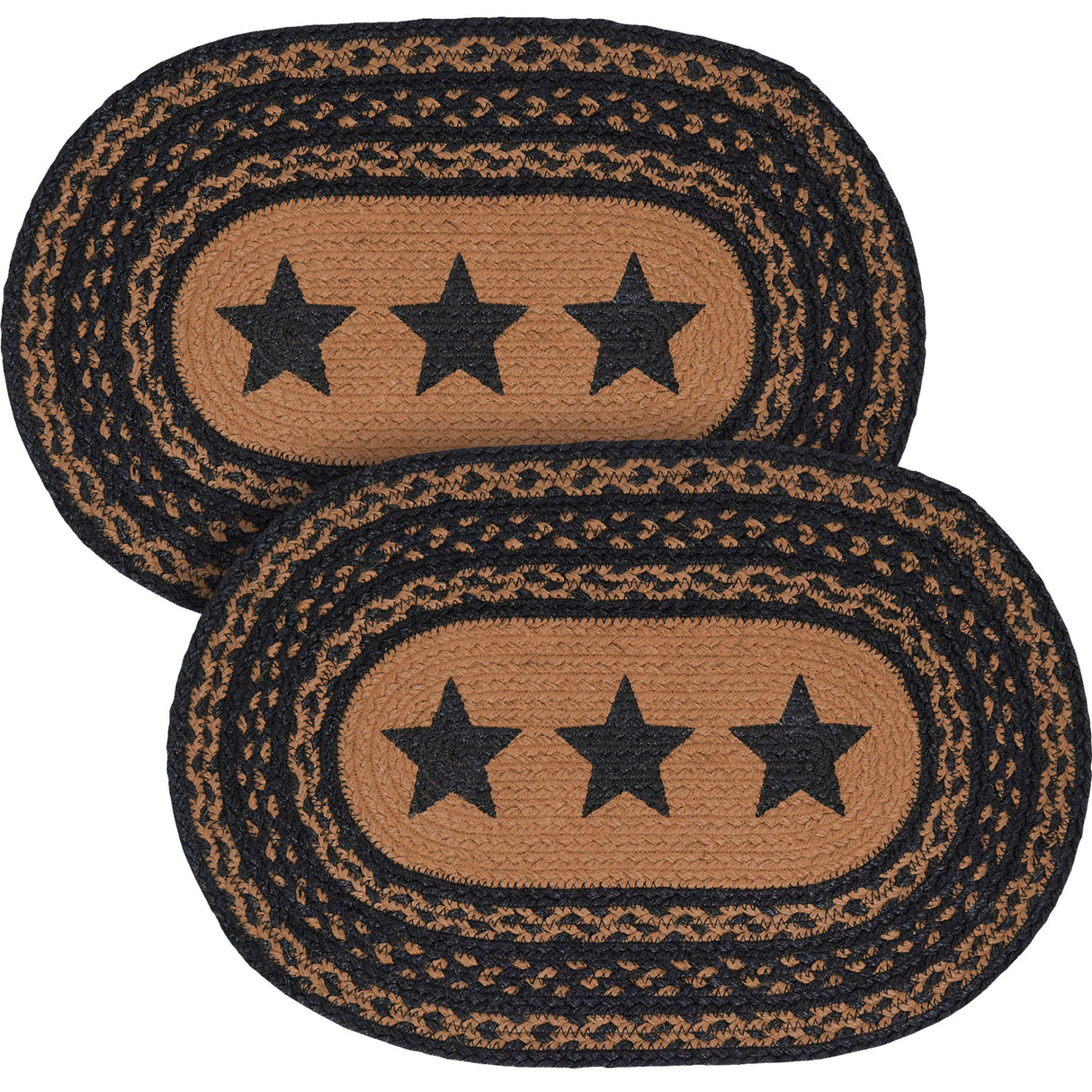 Farmhouse Star Dining Table Placemat, Braided Jute, Oval, Black Tan, 10x15, 2 Pack