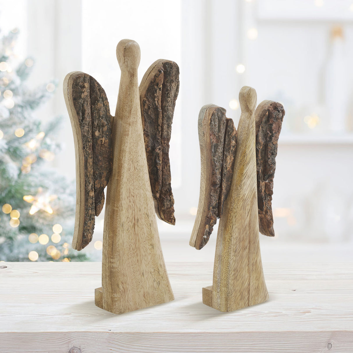 VHC Brands 2PC Natural and Dark Wooden Angel ,Small and Large