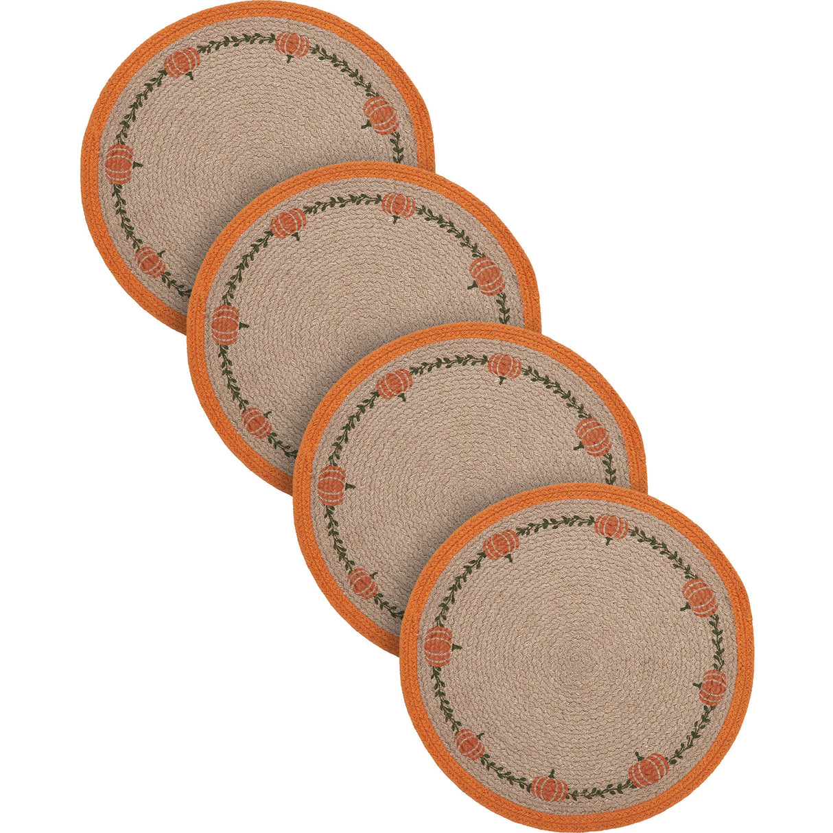 Braided Cotton Harvest Blessings Natural Stencil Pumpkin Placemat 14 inch Diameter, Decorative Fall Placemat, Table Decor for Fall and Thanksgiving, 4 Pack 4 Pack