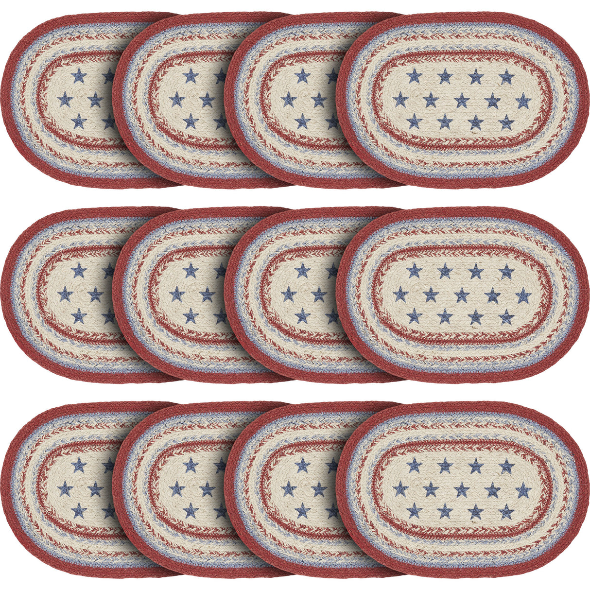 Celebration Dining Table Placemat, Braided Jute, Oval, Red Creme Blue, 10x15, 12 Pack 12 Pack