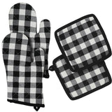 VHC Brands Annie Buffalo Check Black 4PC Set 2 Oven Mitts and 2 Pot Holders
