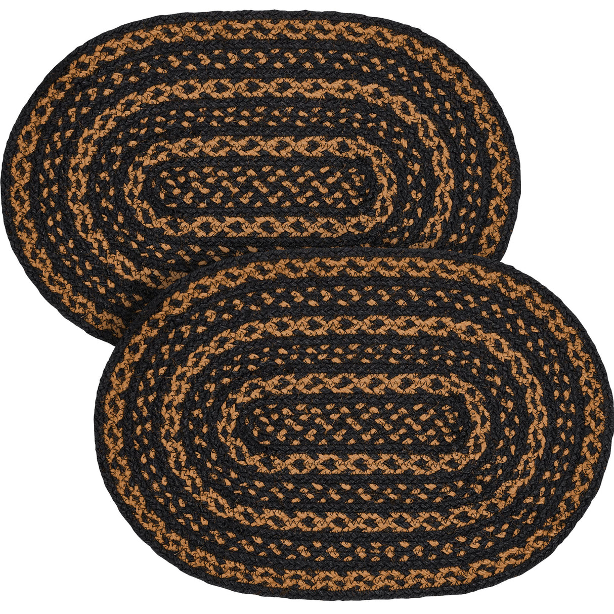 Black & Tan Dining Table Placemat, Braided Jute, Oval, Black, 12x18, 2 Pack