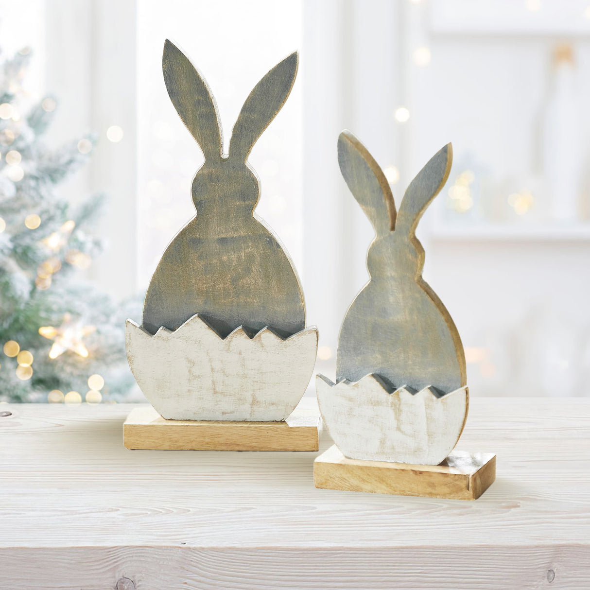 VHC Brands Bunny Hop 2PC Bunny Hop Wooden Half Egg w/ Grey Bunny Silhouette ,Small and Large