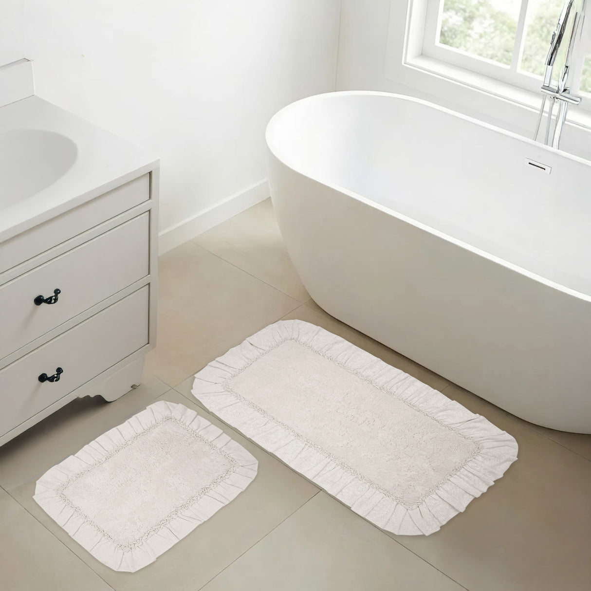 VHC Brands Burlap Antique White 2pc Bathhmat Set, 20x30 and 27x48