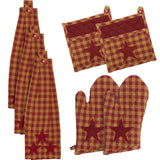 VHC Brands Burgundy Star 6PC Set 2 Oven Mitts 2 Pot Holders and 2 Tea Towels