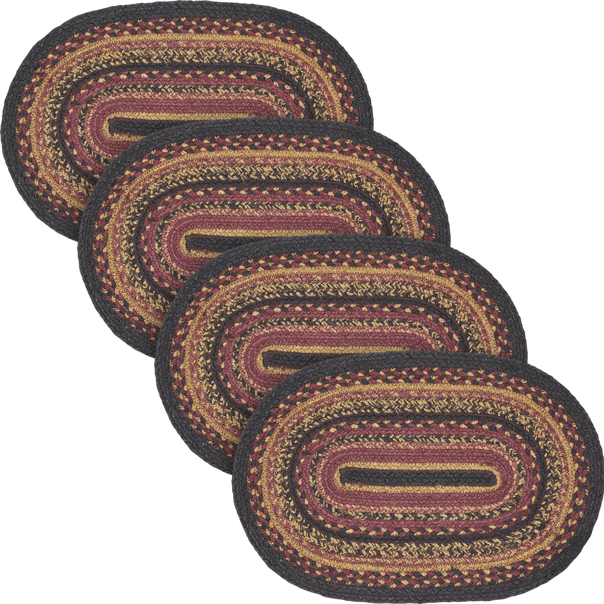 Heritage Farms Dining Table Placemat, Braided Jute, Oval, Red Black Tan. 12x18, 4 Pack 4 Pack