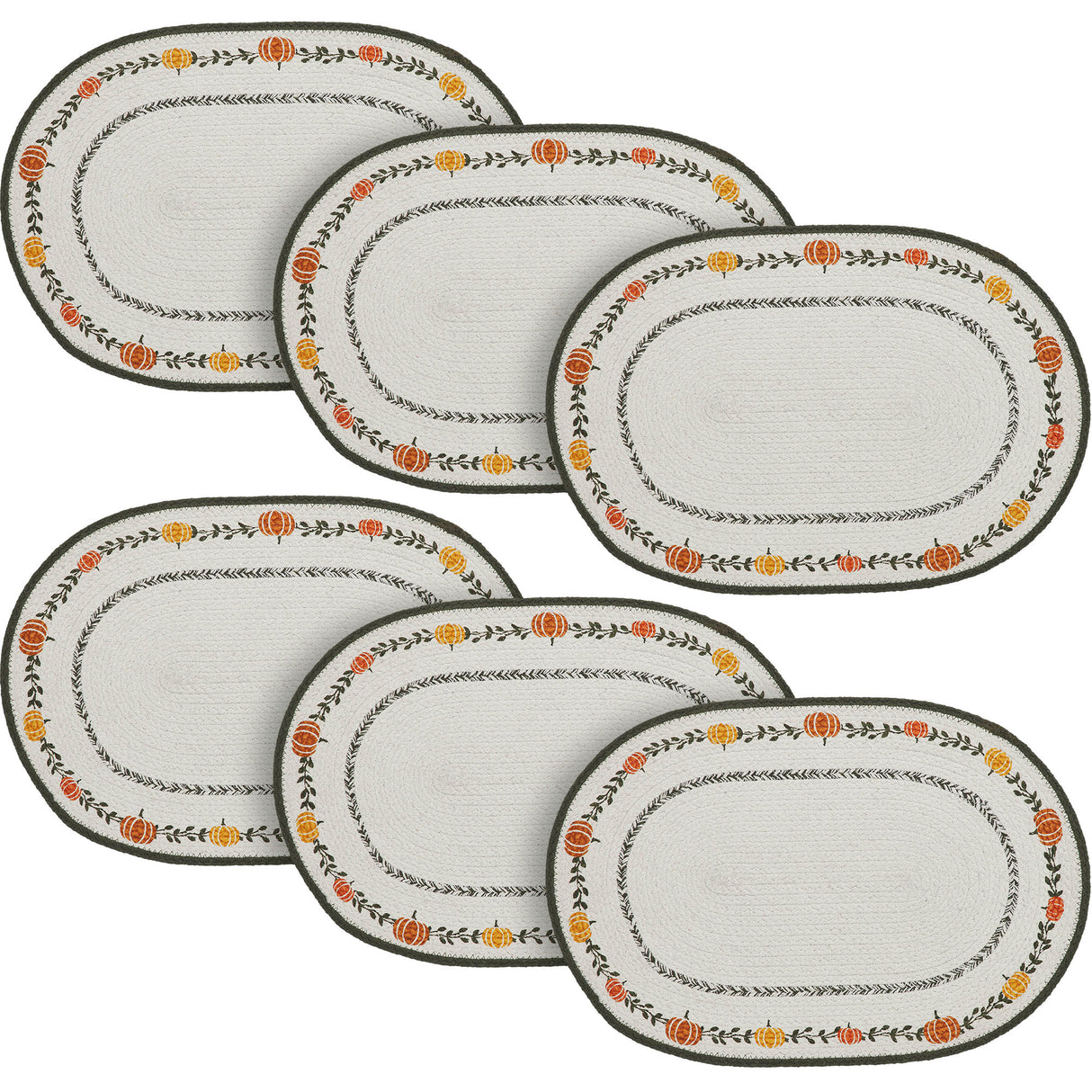 Braided Cotton Pumpkin Bounty Oval Placemat Stencil 13x19, Decorative Fall Placemat, Table Decor for Fall and Thanksgiving, 6 Pack 6 Pack