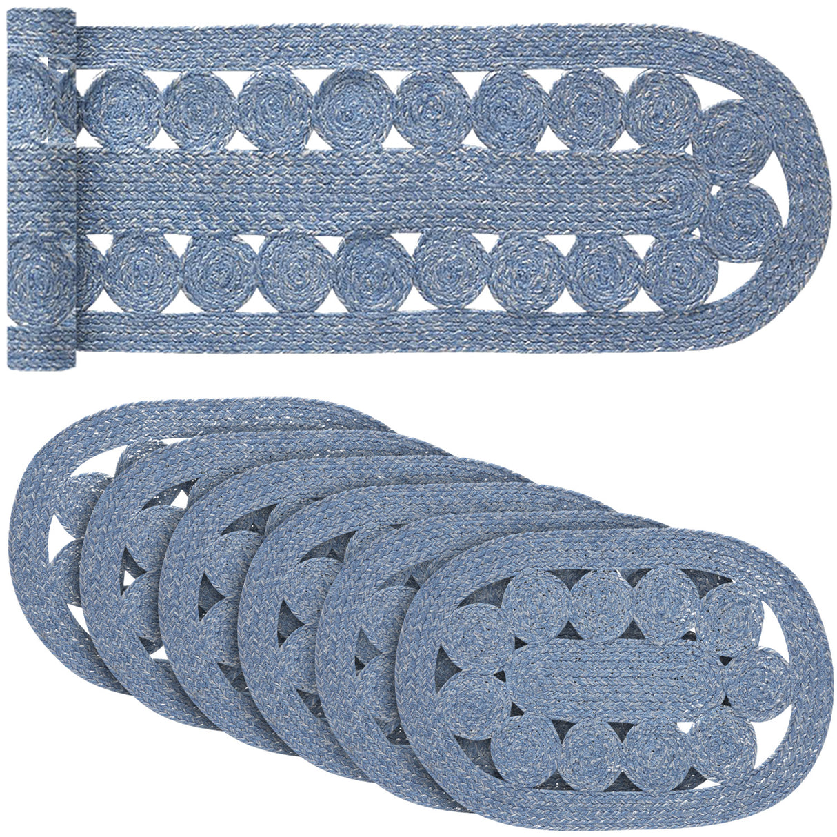 Celeste Steel Blue 12x72 Table Runner & 6 pc 13x19 Placemat Set