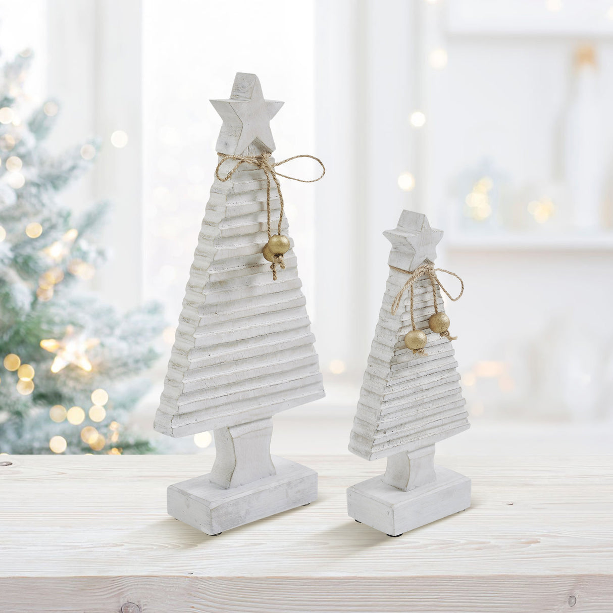 VHC Brands 3PC Starbright Distressed White Wooden Tree ,Small Meduim and Large
