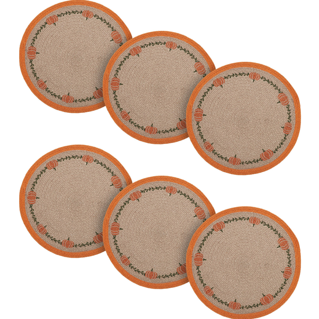 Braided Cotton Harvest Blessings Natural Stencil Pumpkin Placemat 14 inch Diameter, Decorative Fall Placemat, Table Decor for Fall and Thanksgiving, 6 Pack 6 Pack
