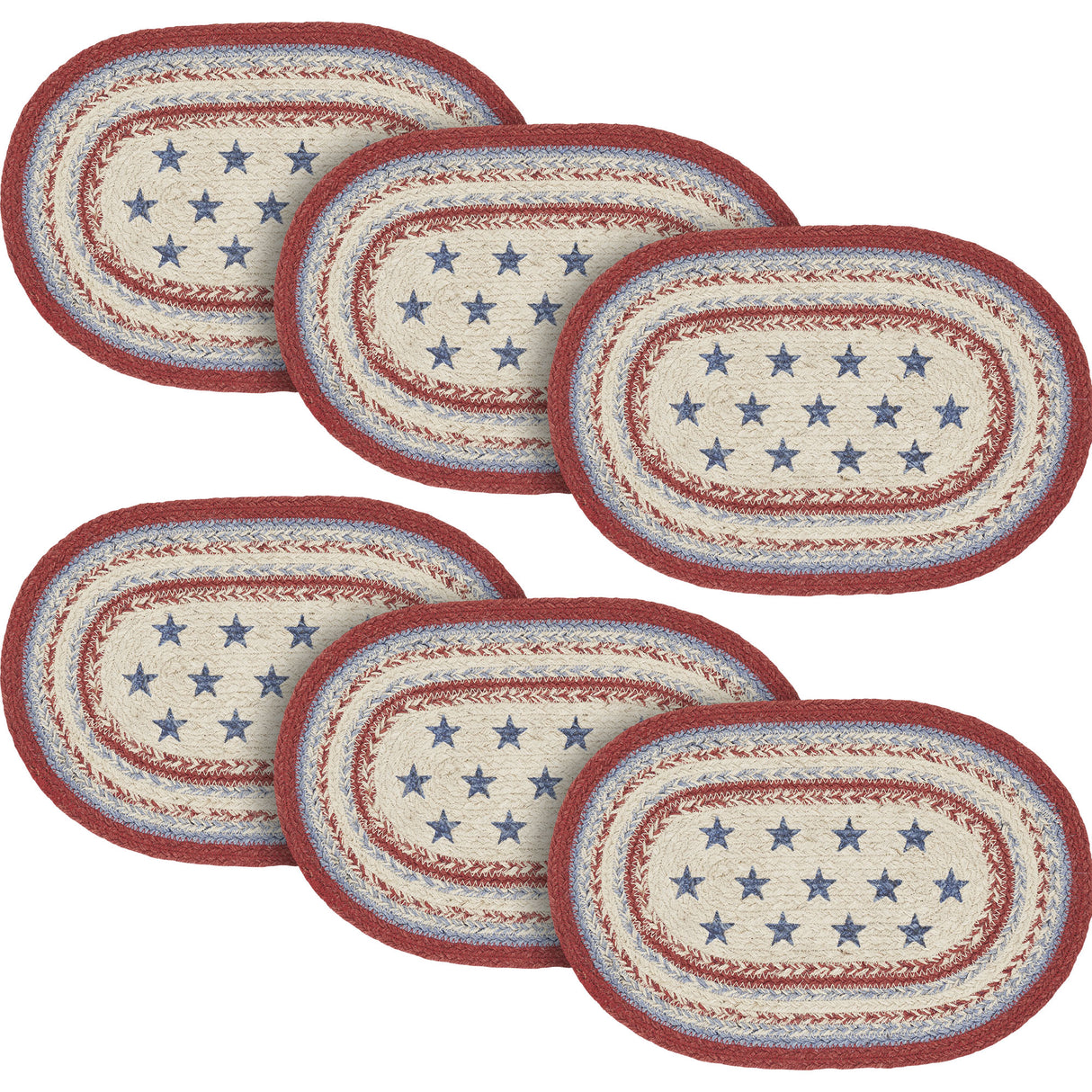 Celebration Dining Table Placemat, Braided Jute, Oval, Red Creme Blue, 10x15, 6 Pack 6 Pack
