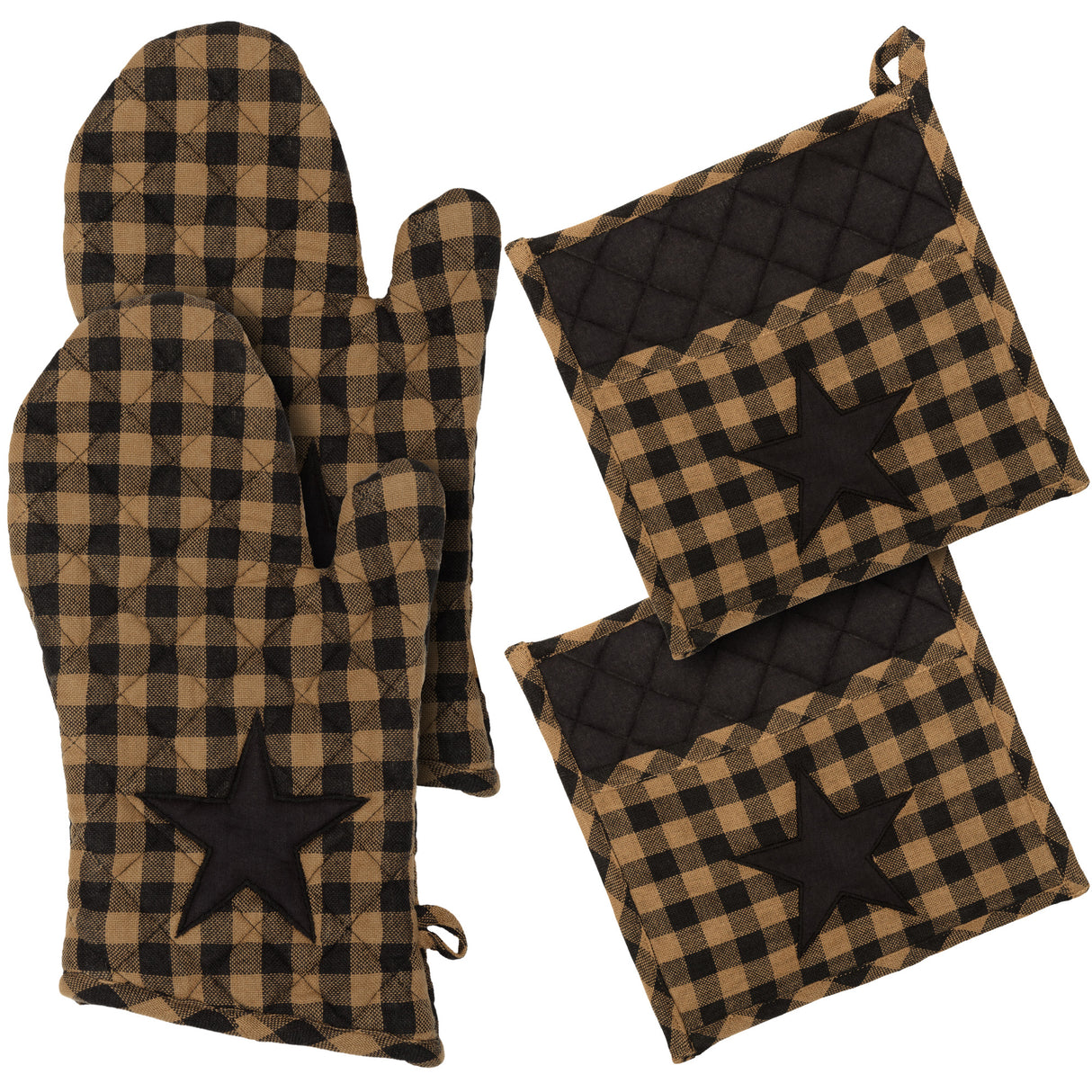 VHC Brands Black Star 4PC Set 2 Oven Mitts and 2 Pot Holders