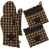 VHC Brands Black Star 4PC Set 2 Oven Mitts and 2 Pot Holders