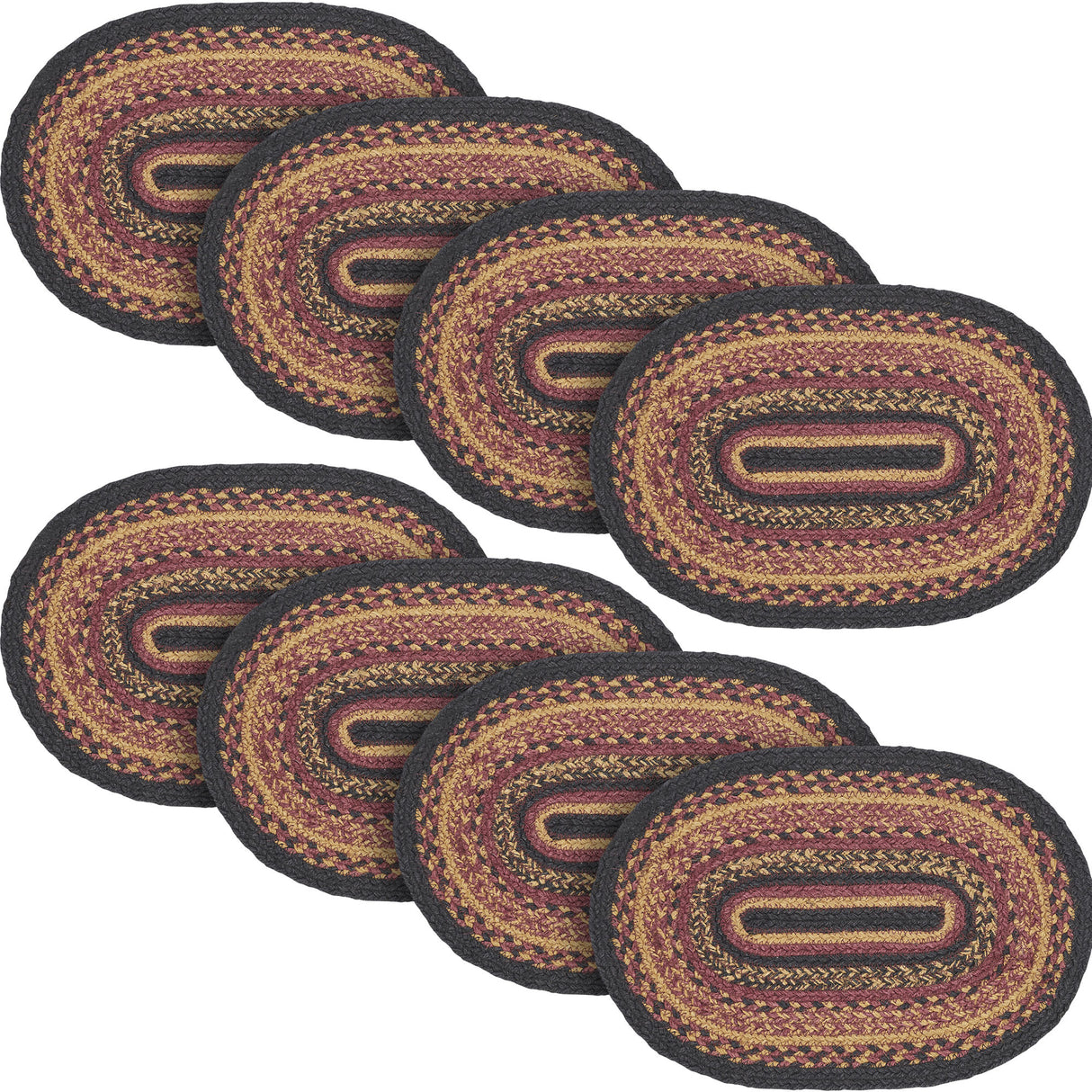 Heritage Farms Dining Table Placemat, Braided Jute, Oval, Red Black Tan. 10x15, 8 Pack 8 Pack