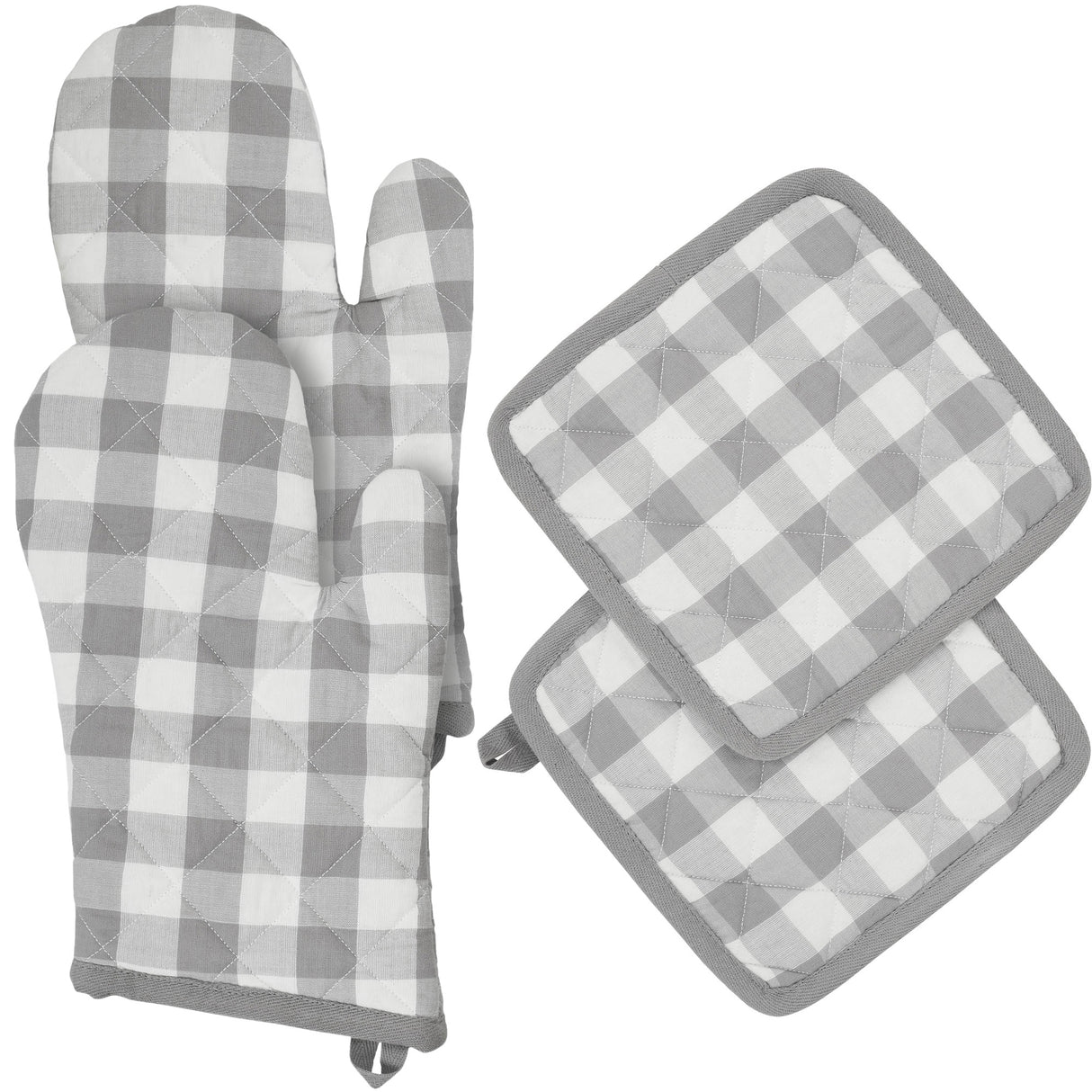 VHC Brands Annie Buffalo Check Gray 4PC Set 2 Oven Mitts and 2 Pot Holders
