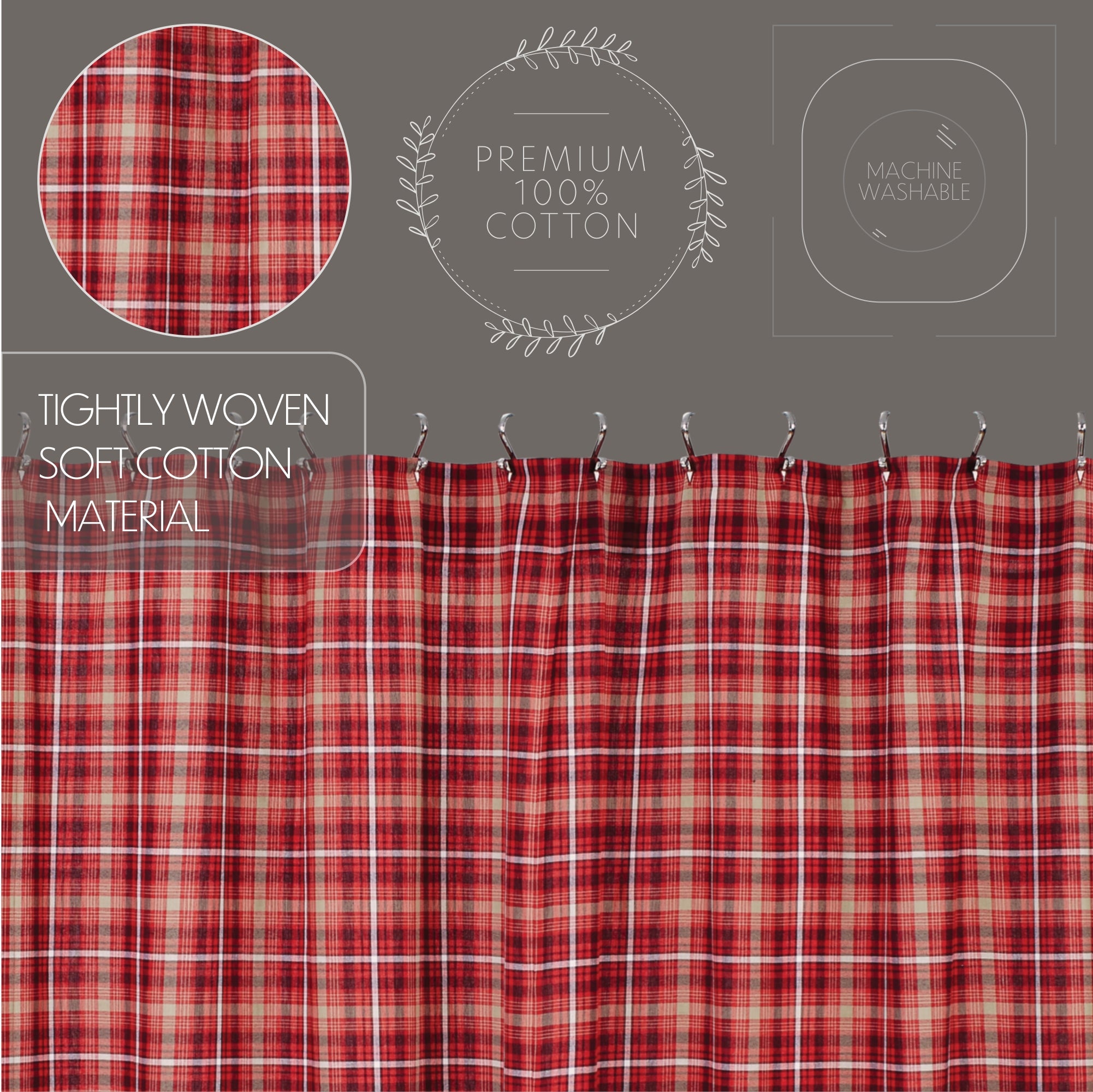 Rustic Shower Curtain 72x72 Braxton Scalloped Plaid Red Tan Black