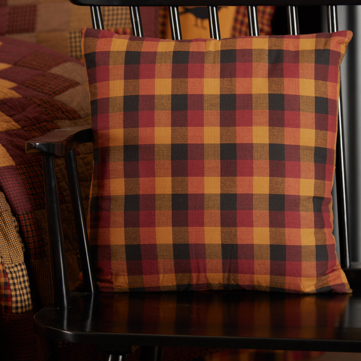 VHC Brands Primitive 12x12 Throw Pillow - Black/Tan Thanksgiving Check - Bedroom/Living Room Decor