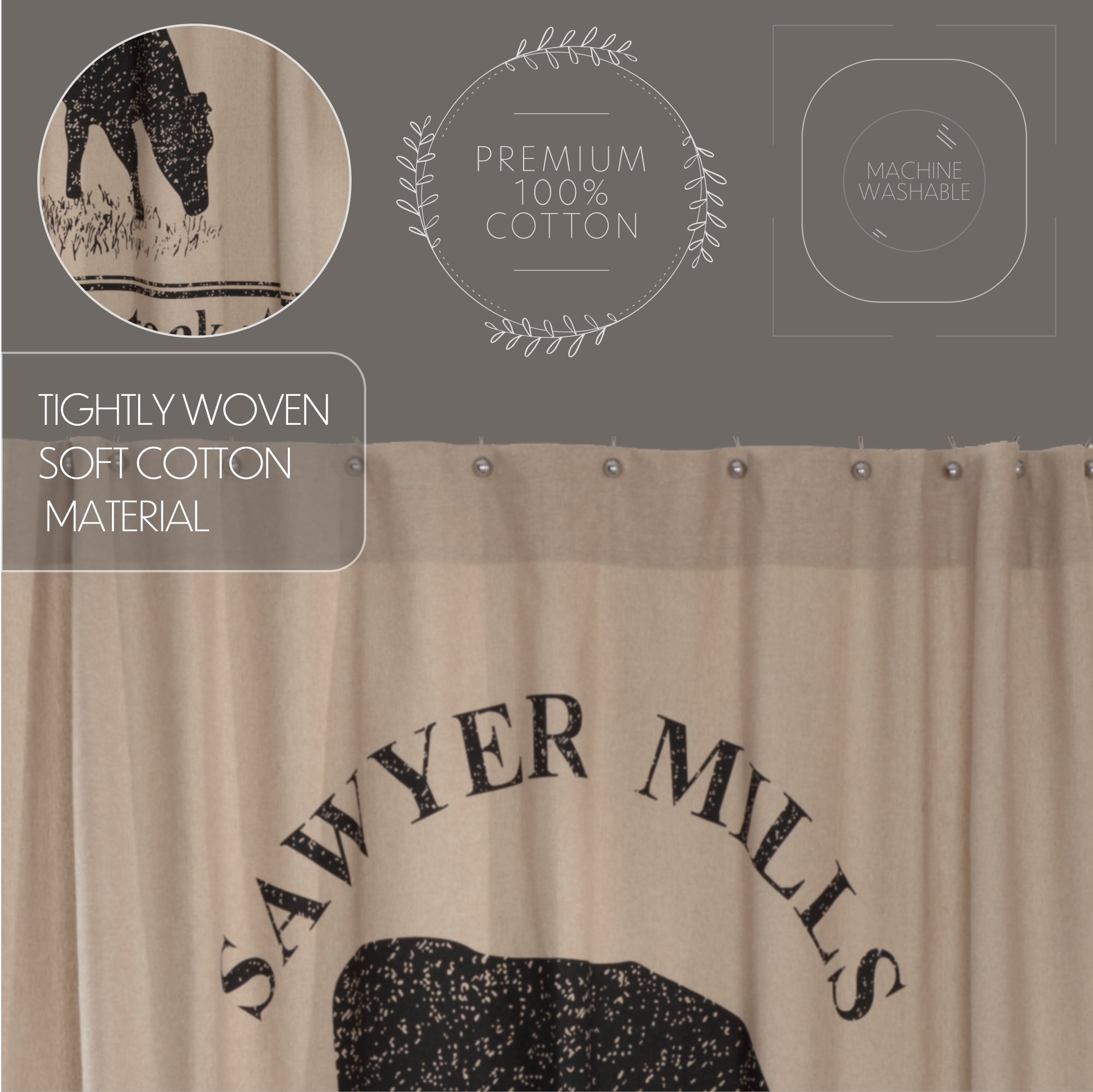 VHC Brands Sawyer Mill Charcoal Farmhouse Shower Curtain – 72x72 Windmill Design, 100% Cotton