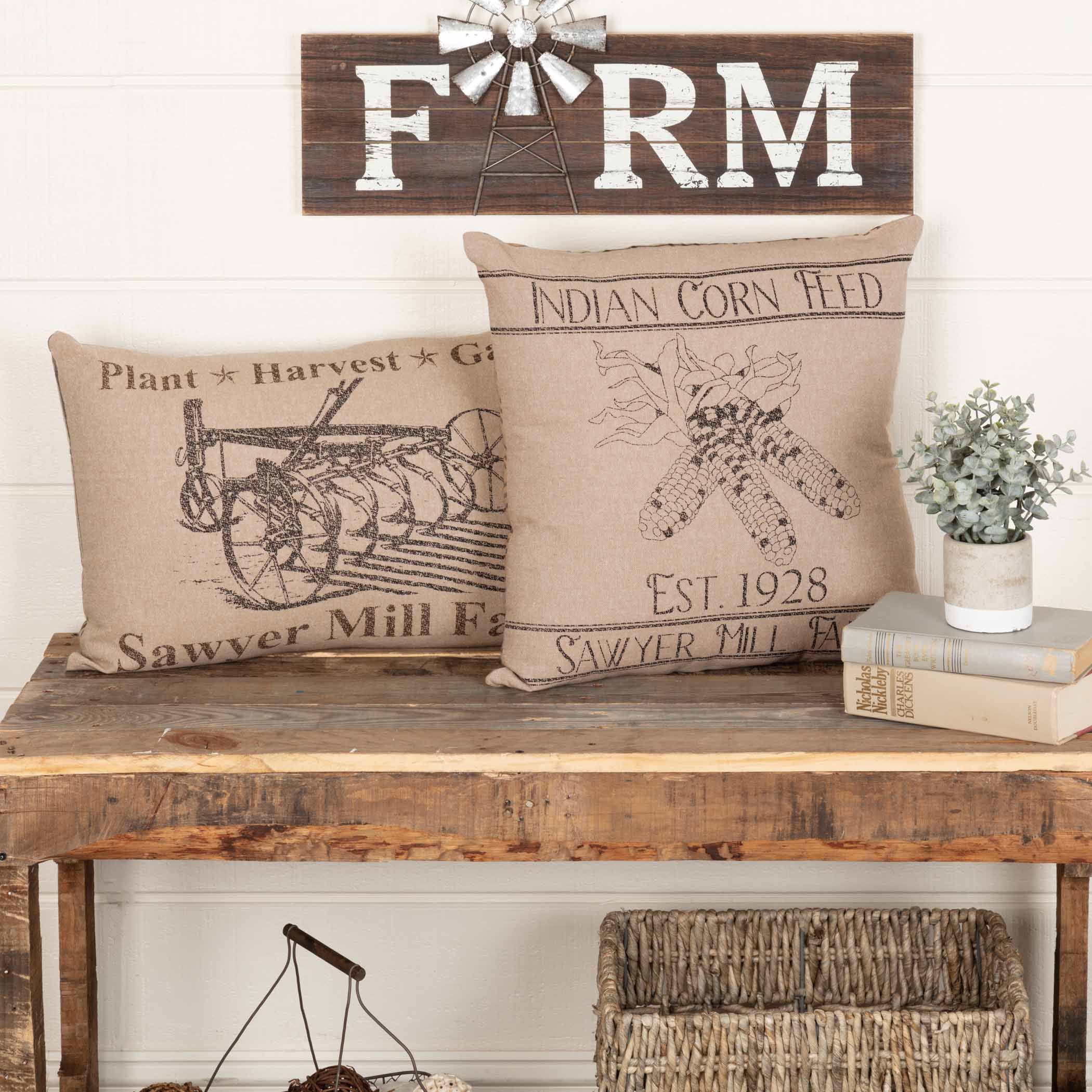 Farmhouse Throw Pillow 18x18 Corn Feed Sawyer Mill Charcoal