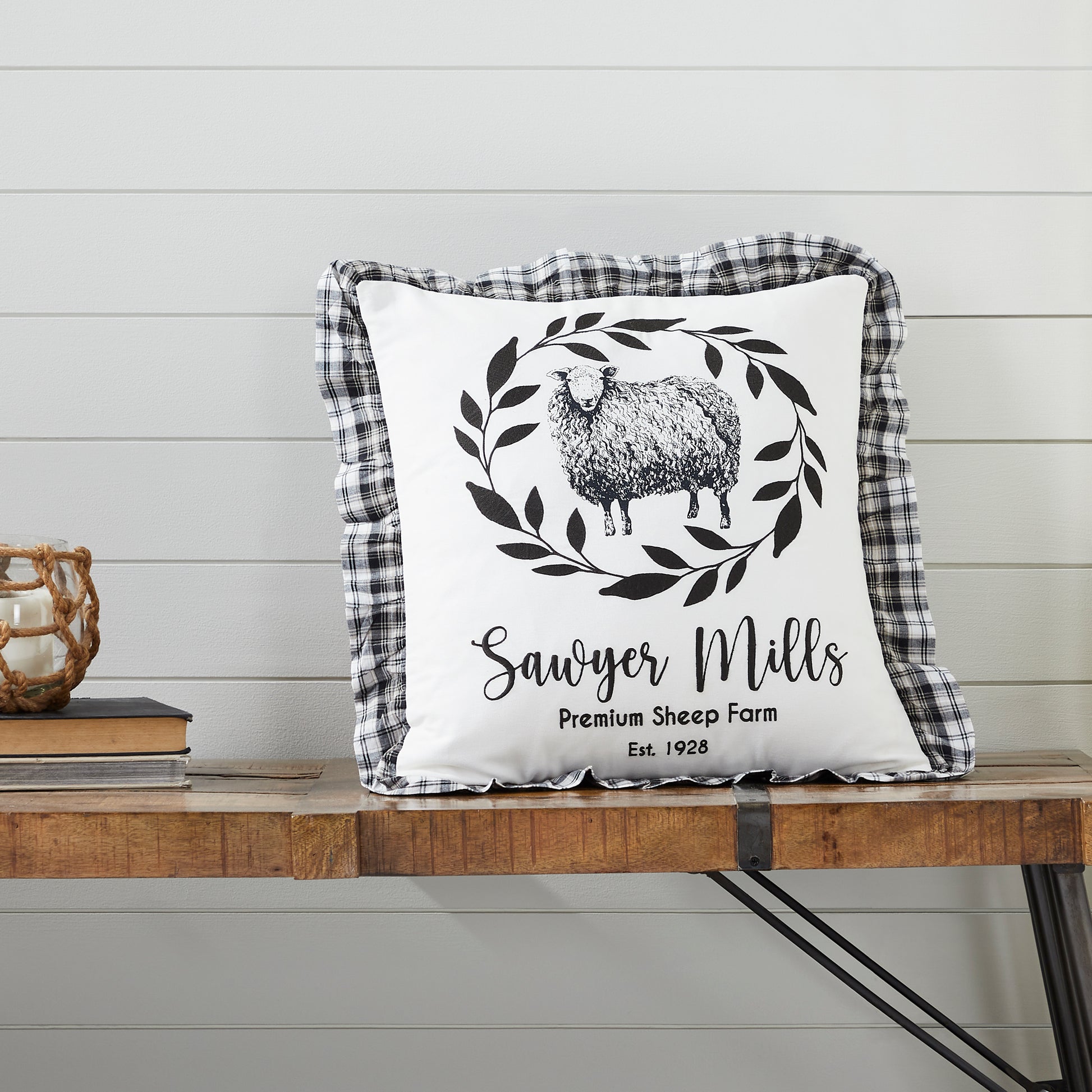Farmhouse Throw Pillow 18x18 Sheep Sawyer Mill Black Embroidered White  Country VHC Brands
