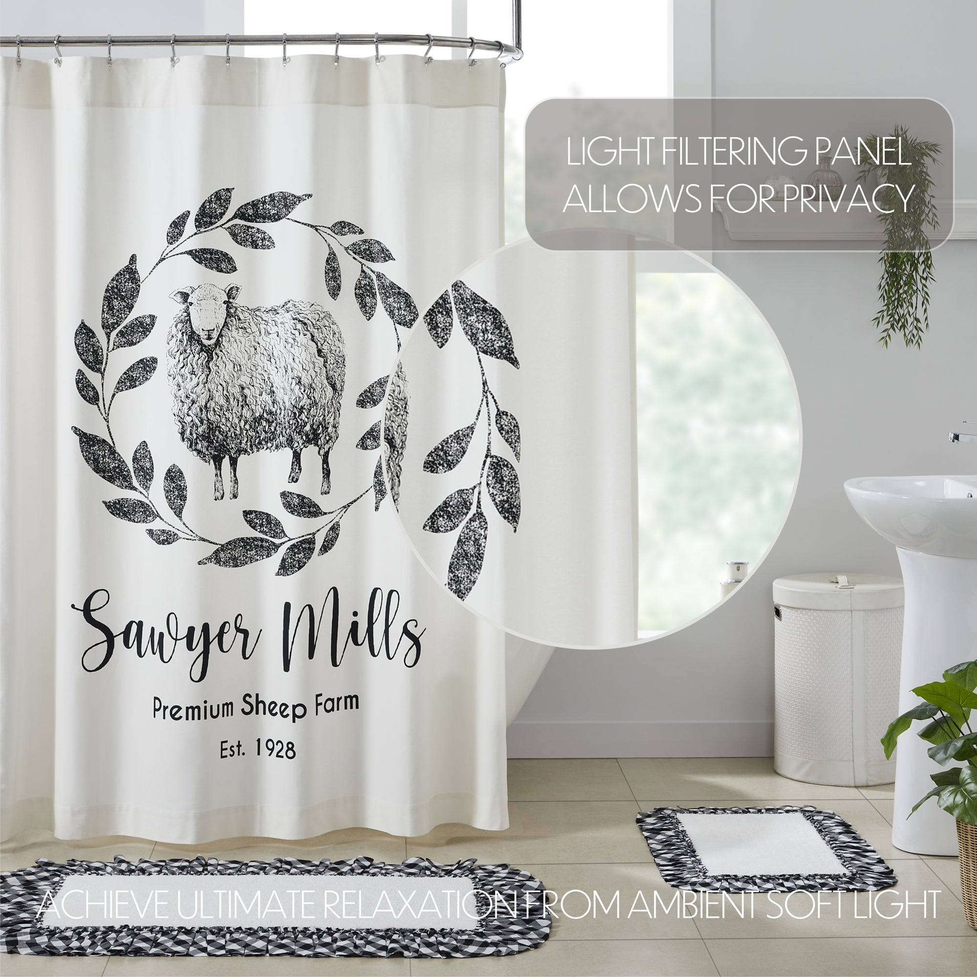 Farmhouse Shower Curtain 72x72 Sheep Sawyer Mill Black White