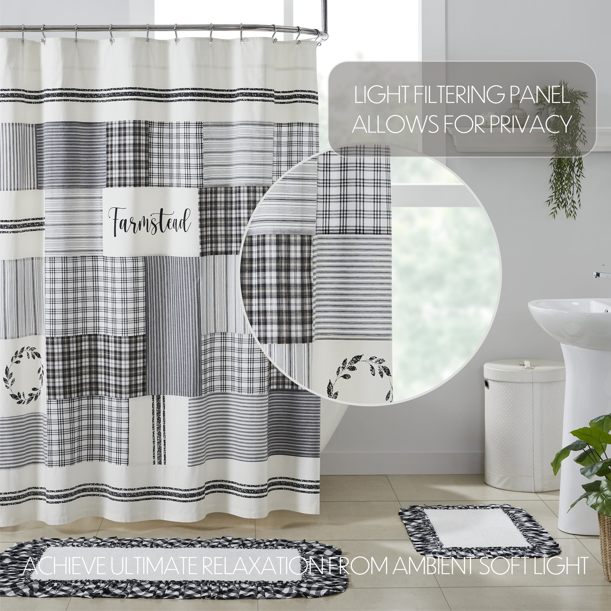 Farmhouse Shower Curtain 72x72 Sawyer Mill Black White Patchwork Bath Decor  VHC Brands