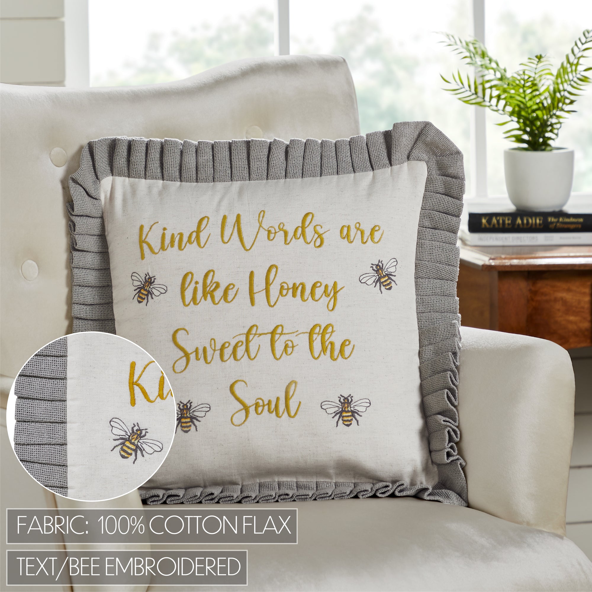 Farmhouse Throw Pillow 18x18 Embroidered Bee Honey Creme Yellow