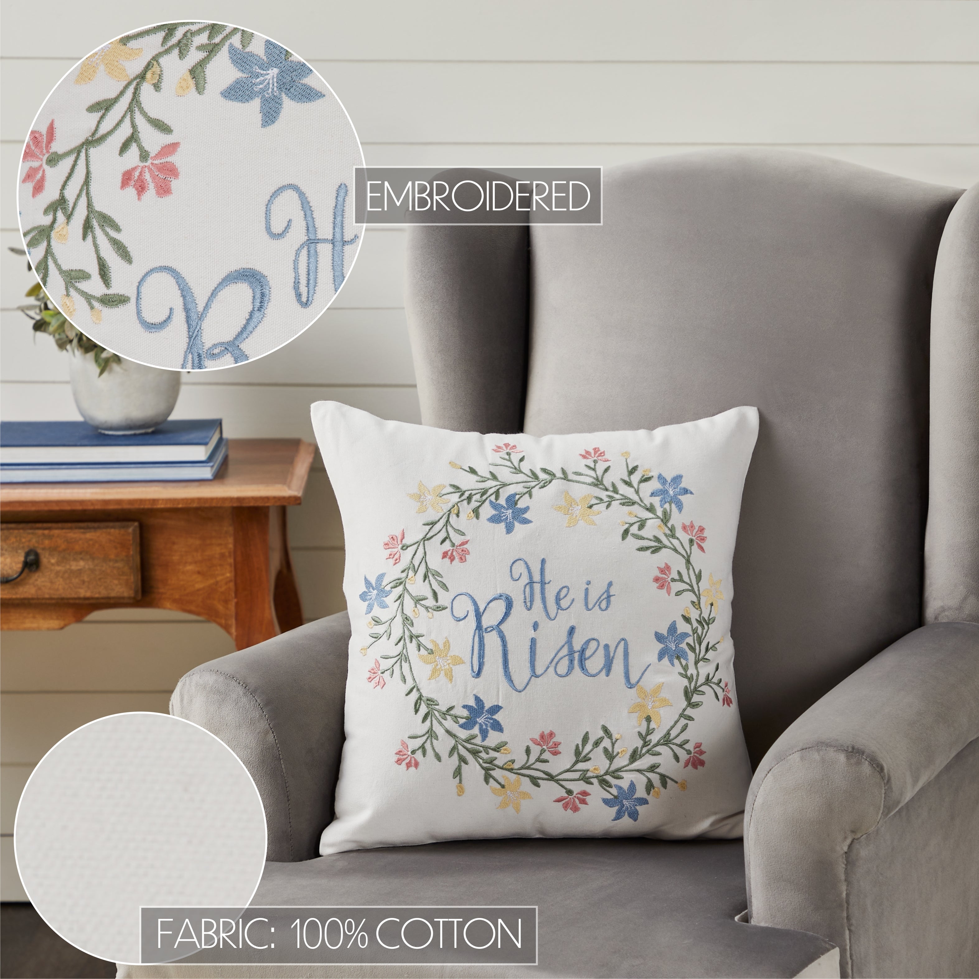 Easter Throw Pillow 18x18 He is Risen Embroidered Creme Blue Green