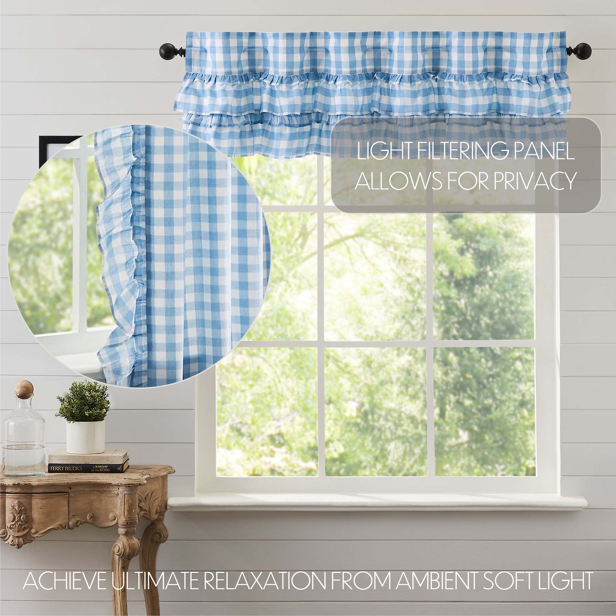 Spa Blue/Green Flat Valance; Modern Farmhouse Valance for Kitchen; Buffalo, Plaid, Check; outlet Abbot in Waterbury; 87-1/2