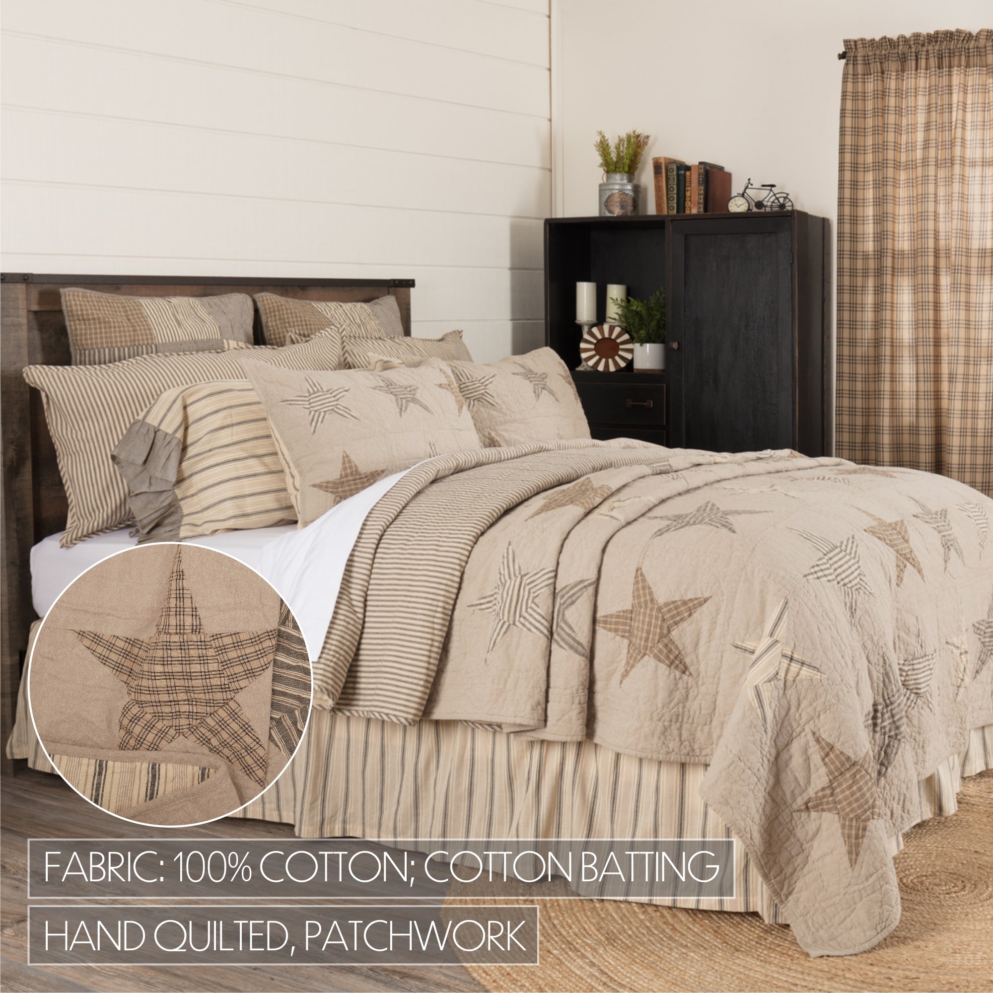 Country Farmhouse SAWYER MILL hotsell STAR CHARCOAL King Quilt SET Khaki Grey 95x105