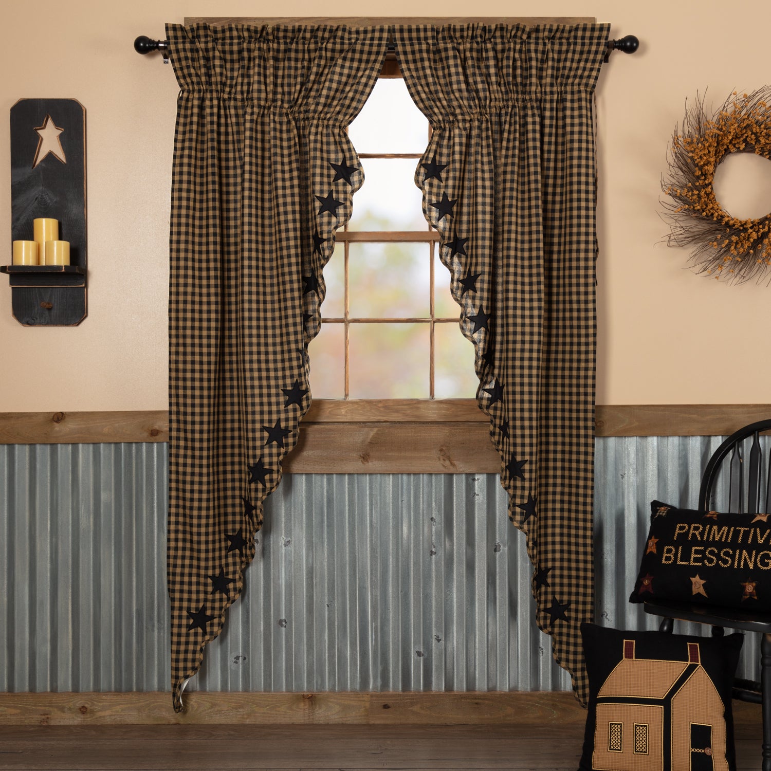 Primitive Prairie Panel Set Country Star Scalloped Window Curtains Vhc Brands Home Decor