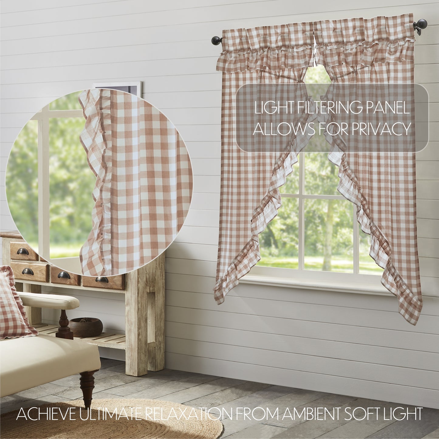 Annie Buffalo Check Farmhouse Ruffled Prairie Panel Window Curtain Set VHC Brands