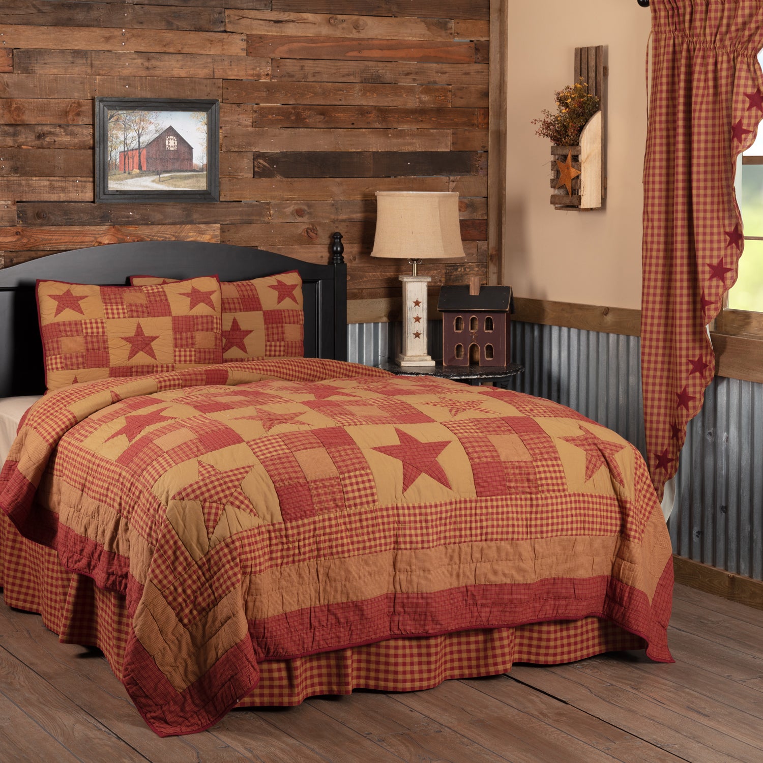 Farmhouse hot Burgundy Star QUEEN Quilt Set